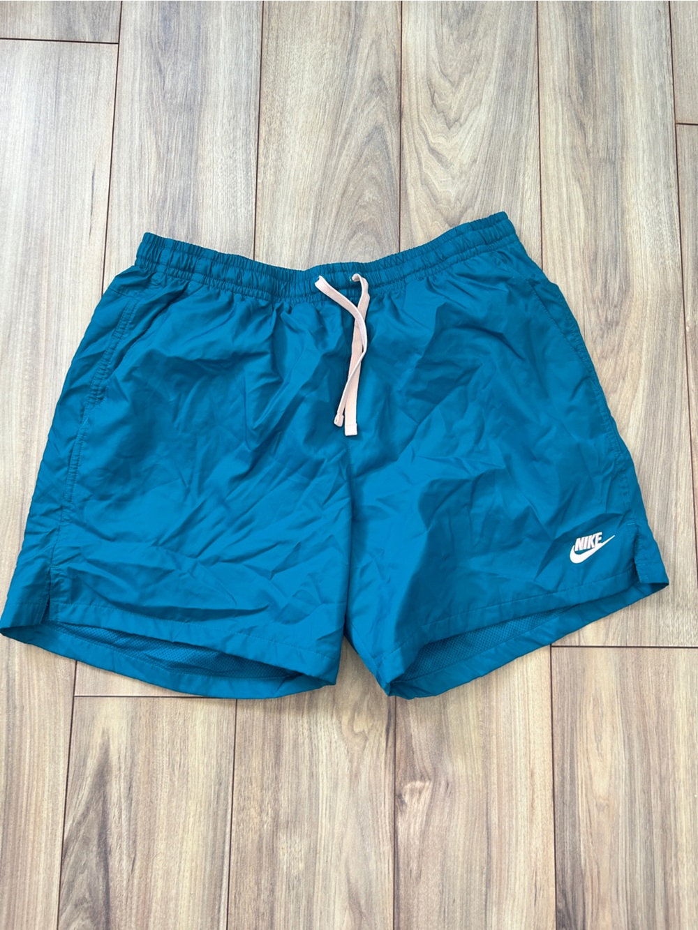 Nike Teal Athletic Mesh-Lined Shorts with Pale Pink Drawstring